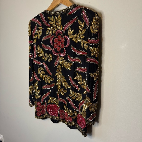 Vtg 80s Beaded Silk Evening Jacket Size Medium Floral - Picture 8 of 10